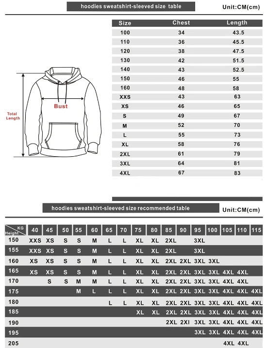 Dual Color Hoodie Size Chart 1